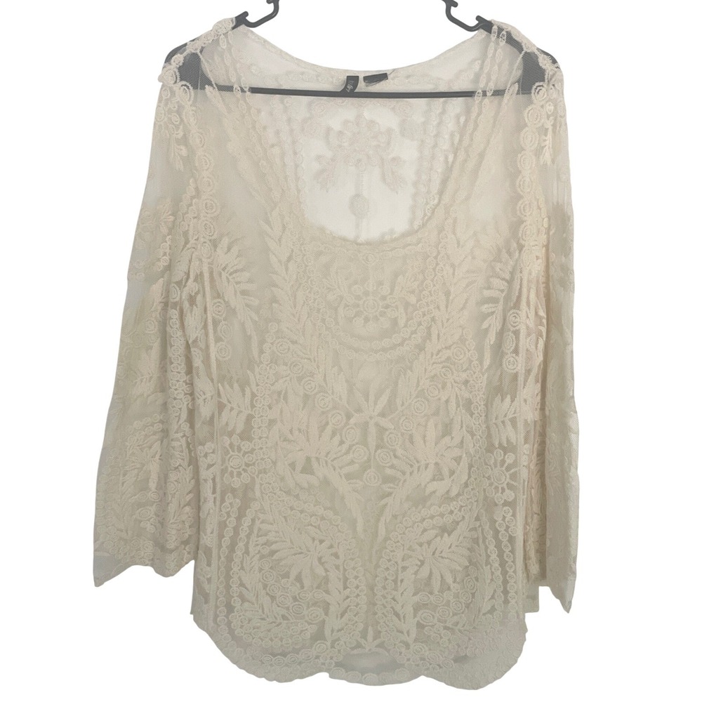 Ultra Flirt Womens Boho Festival Layering Sheer Lace Floral Embroidery Blouse M